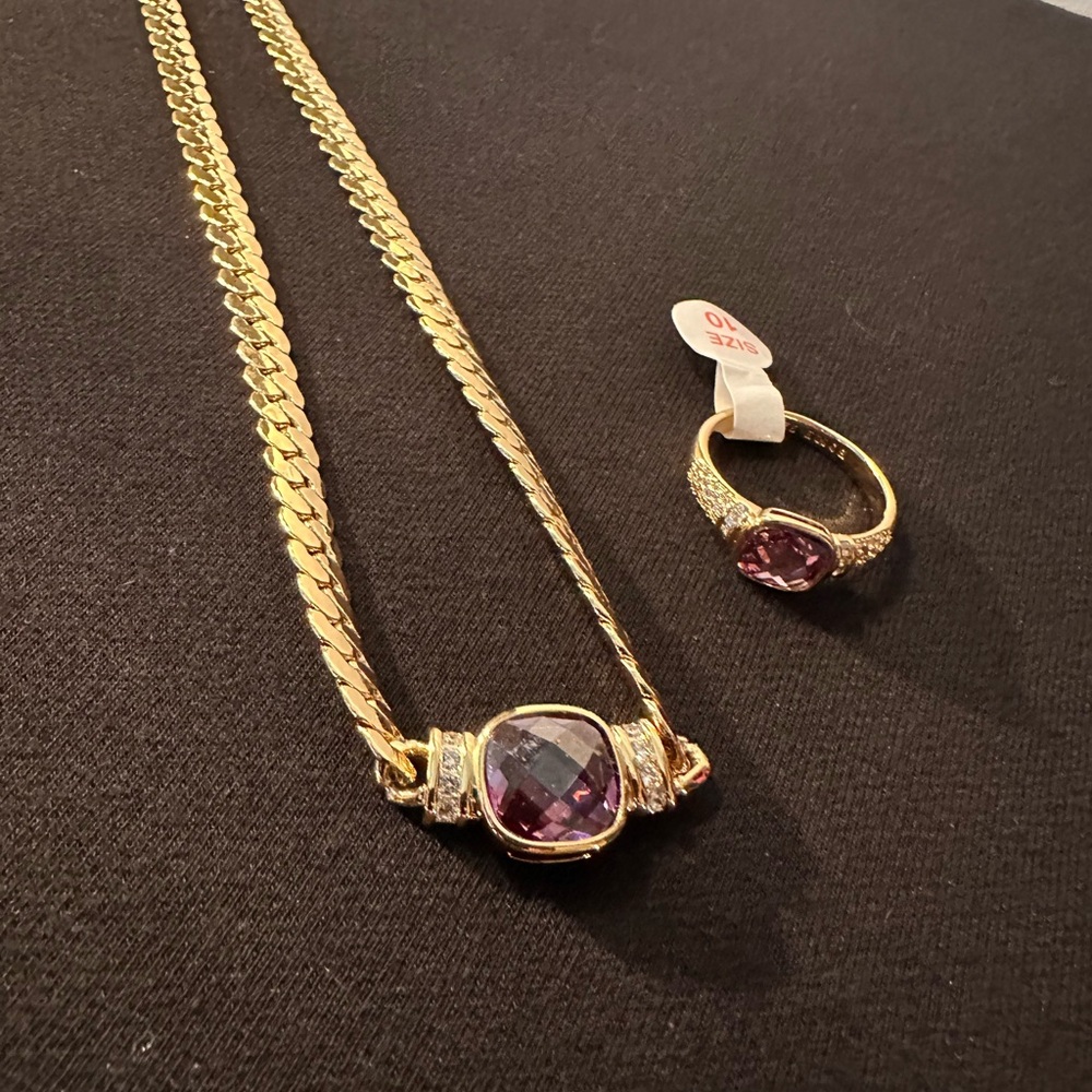💜 Amethyst Gold Ring & Necklace Set – Size 10 💜